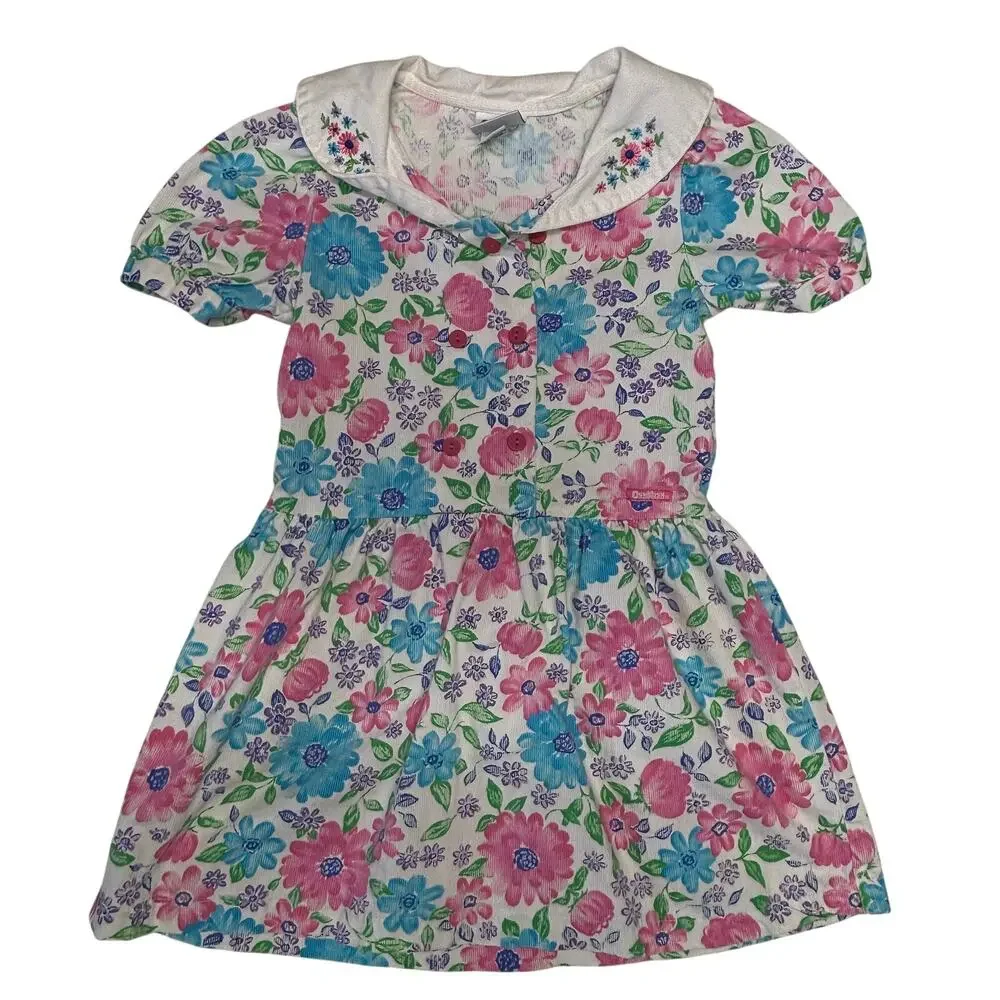 Vintage OshKosh B'Gosh Dress Girls 5 Pink Floral Peter Pan Collar Made in USA